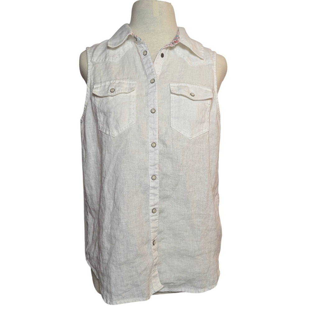 Sundance Womens XS White 100% Linen Sleeveless Western Snap Button Down Top
